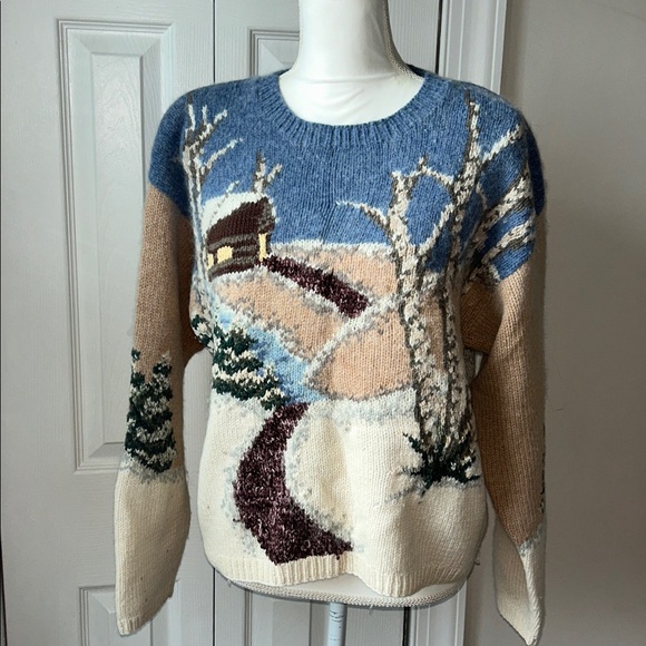 Handmade Sweaters - RARE VINTAGE Sz S/M cozy handknit Winter Scene Sweater in Blue and Tan